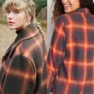 Old Navy Evermore Boyfriend Plaid Flannel Orange Black XL Swiftie ASO Taylor